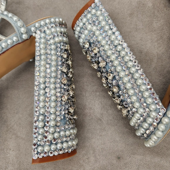 Azalea Wang Dress Sandals 10 White Pearls Beaded Something Blue Chunky New $150 - Picture 13 of 16